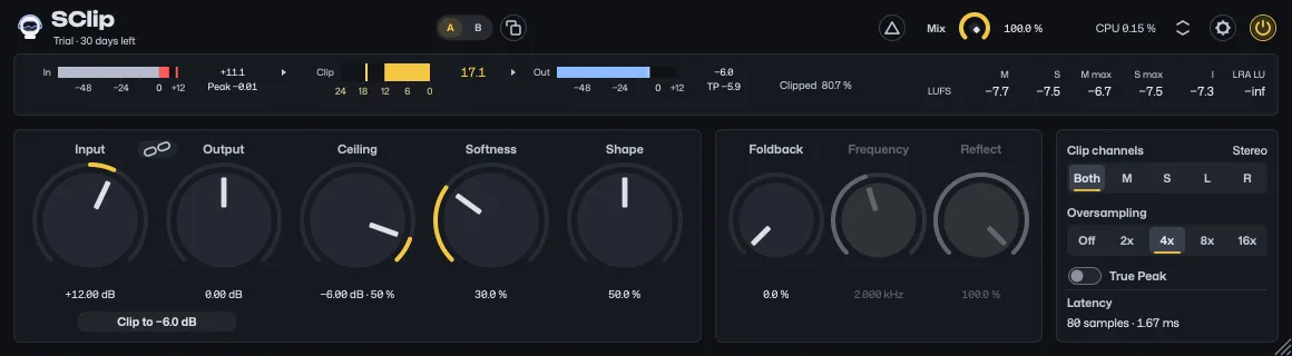 The compact view with heavy clipping at 4x: the meters in a row under the header, every control under them