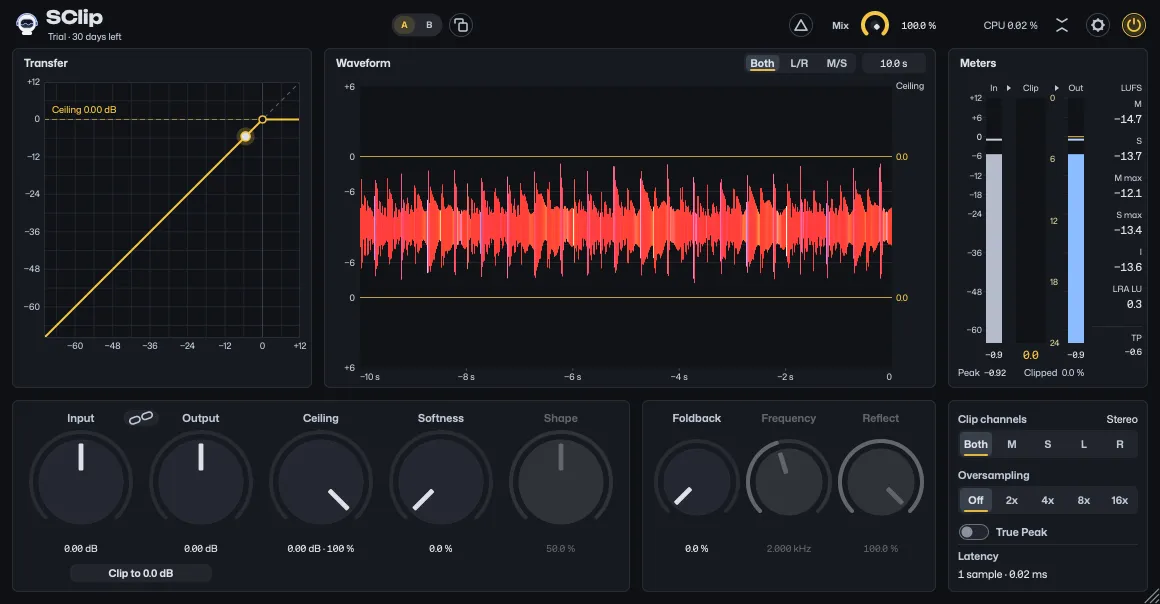 SClip at its defaults with music playing: the transfer graph, the waveform and the meters above the knobs