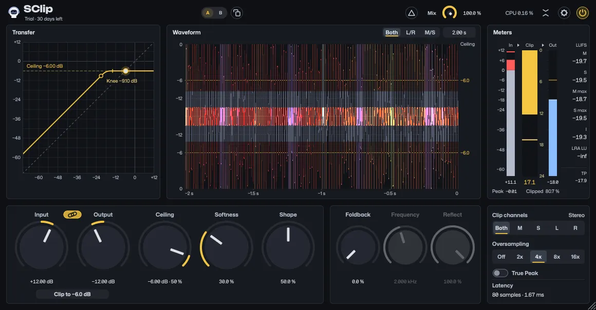 Link switched on at Input 0 dB and Input pushed to +12 dB: the Output knob shows the effective output, −12.00 dB