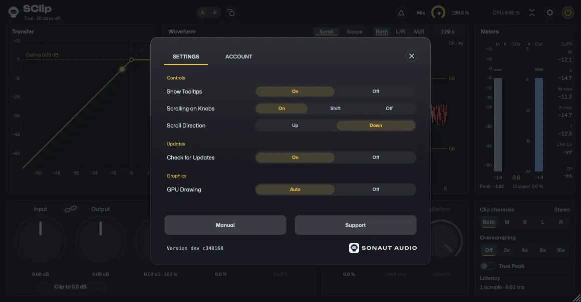 Settings over SClip: Show Tooltips, Scrolling on Knobs and Scroll Direction, Check for Updates under Updates, then GPU Drawing under Graphics, on the SETTINGS tab, the ACCOUNT tab beside it, and the Manual and Support buttons