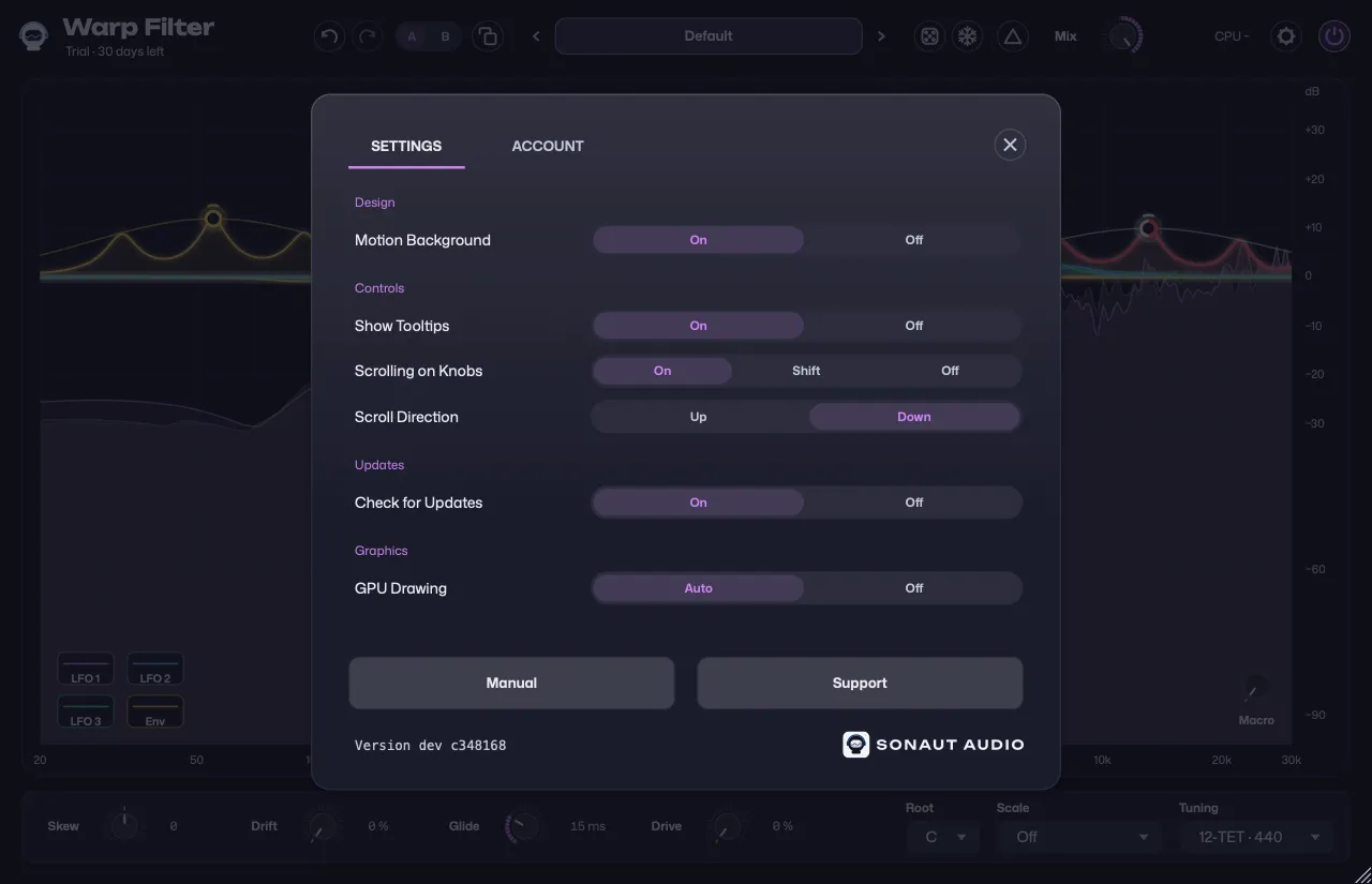 Settings over Warp Filter, with a boost at 55 Hz and a left and right pair near 13 kHz on the display behind it: Motion Background under Design, Show Tooltips, Scrolling on Knobs and Scroll Direction under Controls, Check for Updates under Updates, GPU Drawing under Graphics, all on the SETTINGS tab, the ACCOUNT tab beside it, and the Manual and Support buttons